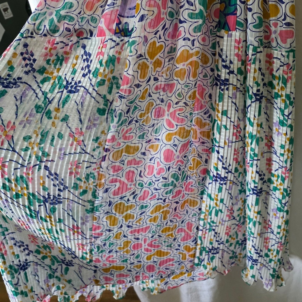 Vintage 80's Mosaic Floral Mixed Print Pleated Sheer Midi Dress Small Vivid Fun - Picture 8 of 14